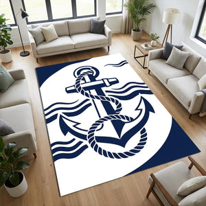 Modern Nautical Anchor Rug Navy Blue and White Maritime Area Mat