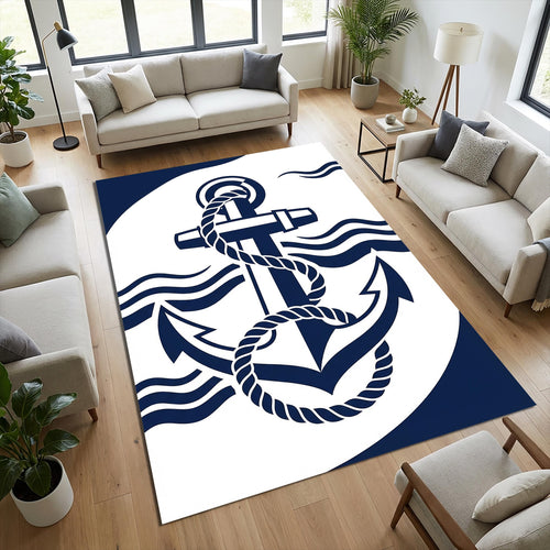 Modern Nautical Anchor Rug Navy Blue and White Maritime Area Mat