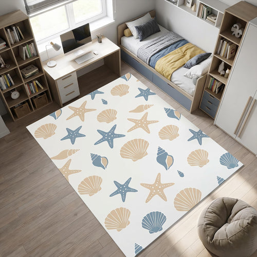 Coastal Sea Shells Area Rug Nautical Starfish Pattern Floor Mat
