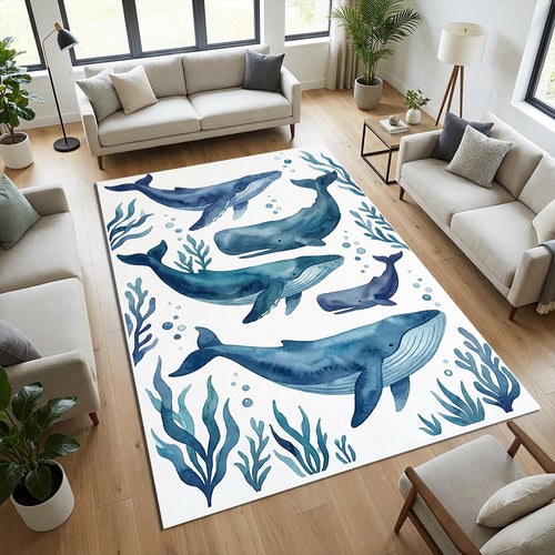 Watercolor Whales Area Rug Nautical Blue Ocean Life Mat Coastal