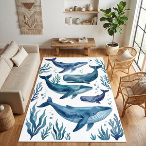 Watercolor Whales Area Rug Nautical Blue Ocean Life Mat Coastal
