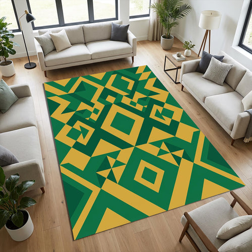 Modern Geometric Forest Green and Gold Rug