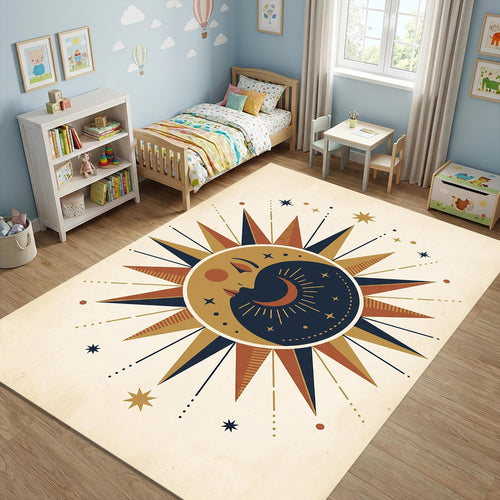 Celestial Sun and Moon Area Rug Mystical Bohemian Floor Mat Navy