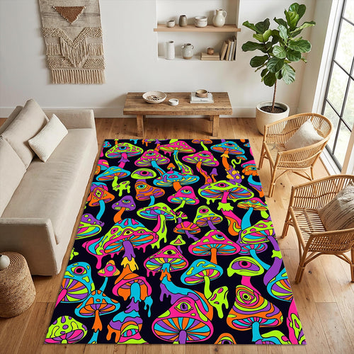 Trippy Psychedelic Mushroom Rug Neon Multi-Eyed Acid Art Area Mat