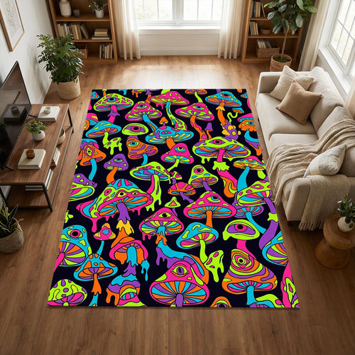 Trippy Psychedelic Mushroom Rug Neon Multi-Eyed Acid Art Area Mat