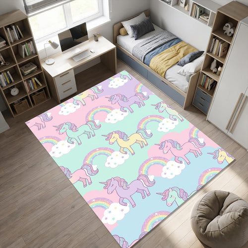 Pastel Unicorn Rainbow Area Rug Magical Nursery Floor Mat Glitter