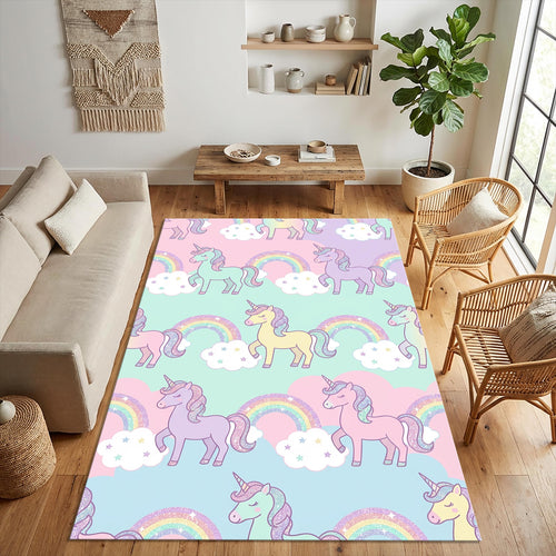 Pastel Unicorn Rainbow Area Rug Magical Nursery Floor Mat Glitter