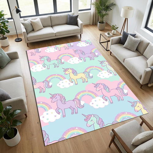 Pastel Unicorn Rainbow Area Rug Magical Nursery Floor Mat Glitter