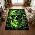 Cyberpunk Skull Area Rug Futuristic Neon Green Tech Mat Gamer