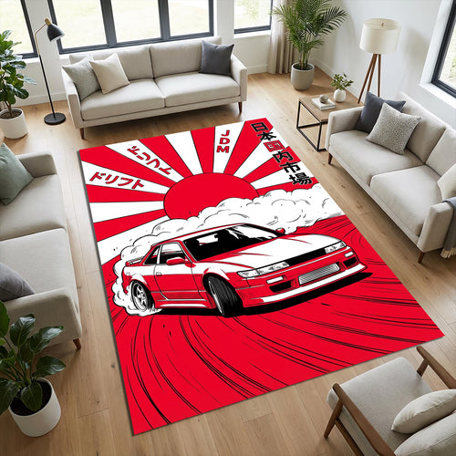 JDM Drift Car Area Rug Japanese Rising Sun Sports Car Mat Red and