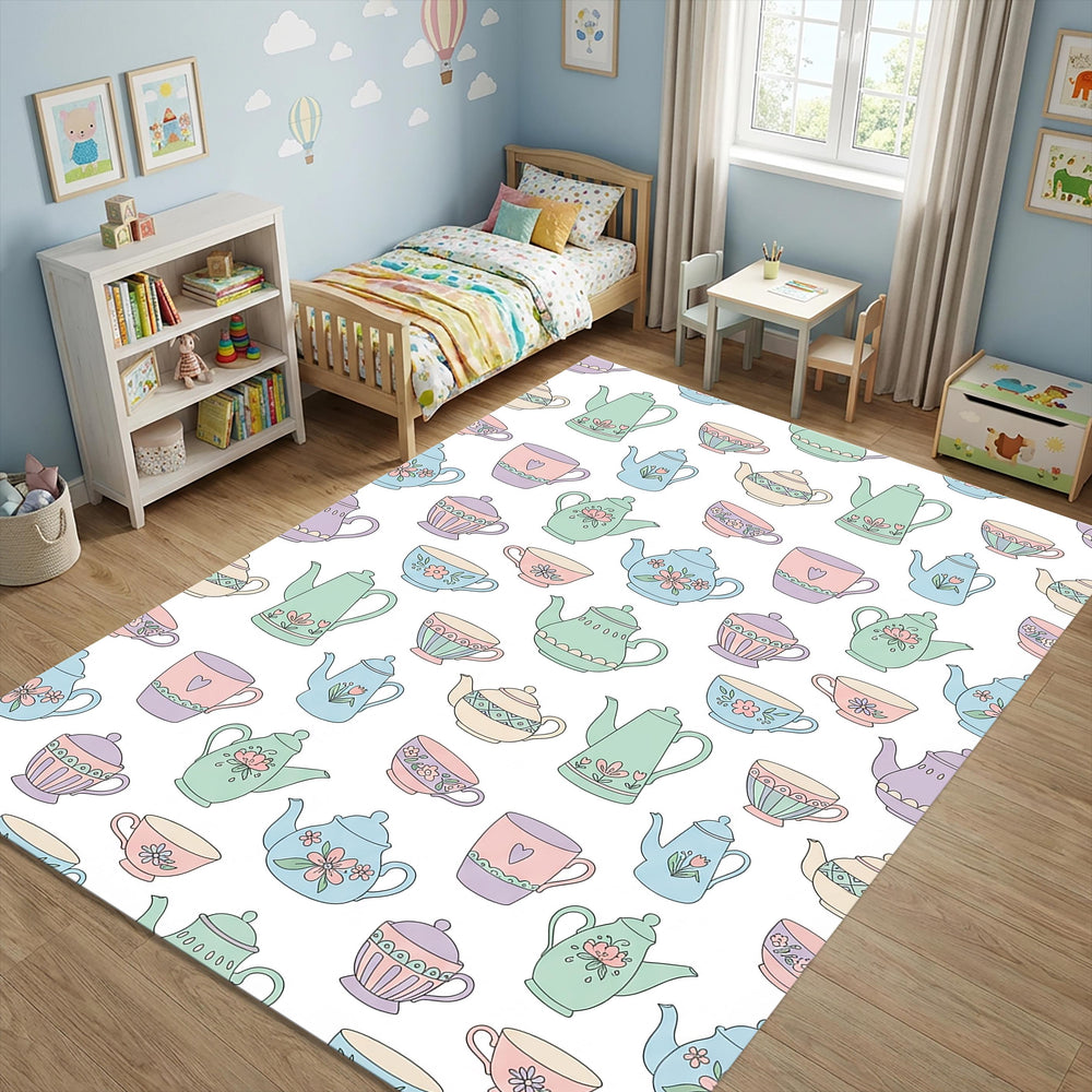 Pastel Tea Party Kitchen Rug Shabby Chic Teapot Area Mat Romantic