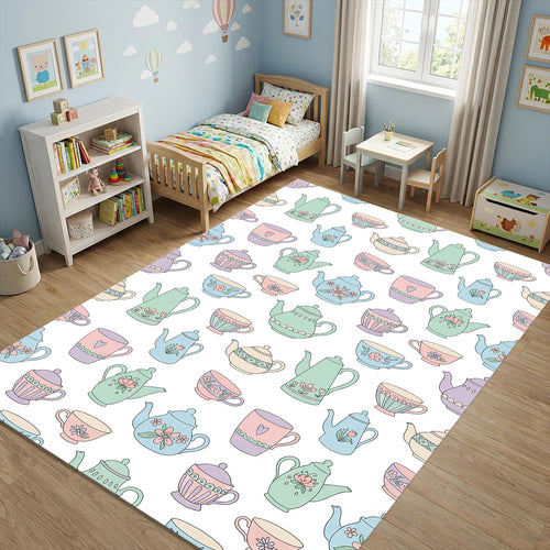 Pastel Tea Party Kitchen Rug Shabby Chic Teapot Area Mat Romantic
