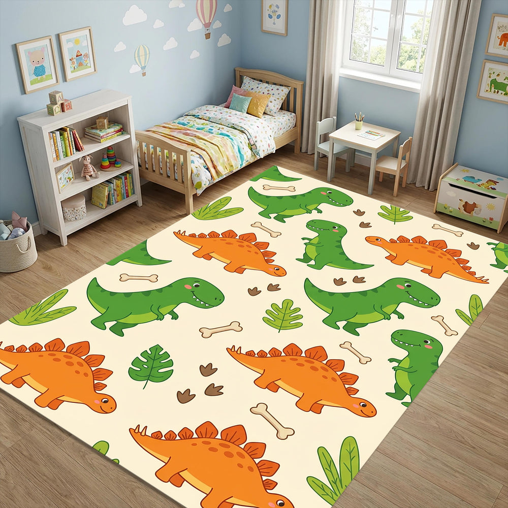 Cute Dinosaur Area Rug Green T-Rex and Orange Stegosaurus Kids