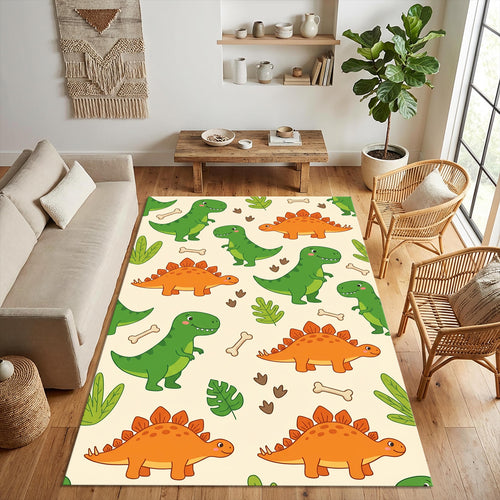 Cute Dinosaur Area Rug Green T-Rex and Orange Stegosaurus Kids