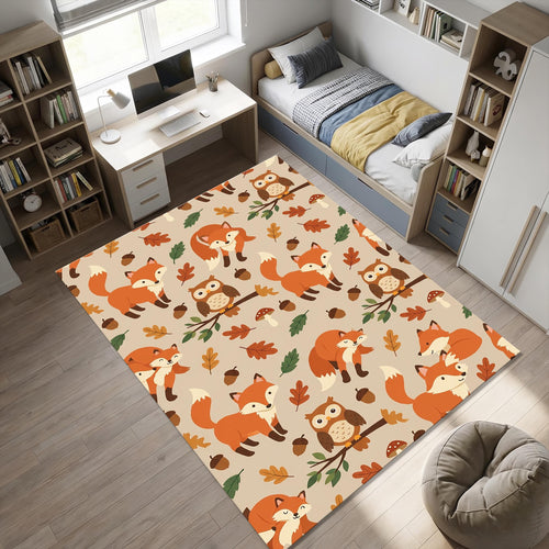 Woodland Forest Animals Area Rug Cute Fox and Owl Nursery Floor
