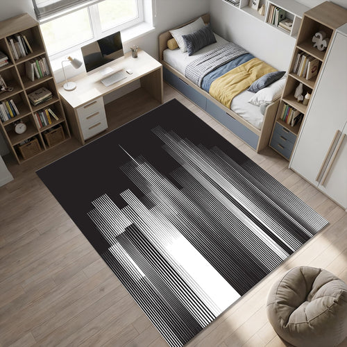Modern City Skyline Area Rug Minimalist Black and White Line Art