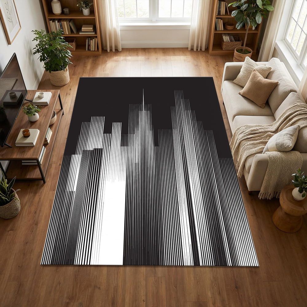 Modern City Skyline Area Rug Minimalist Black and White Line Art