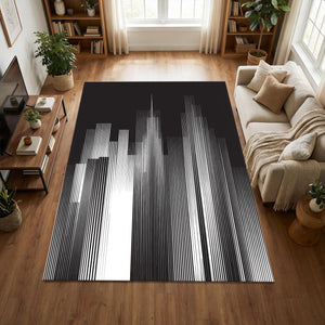 Modern City Skyline Area Rug Minimalist Black and White Line Art