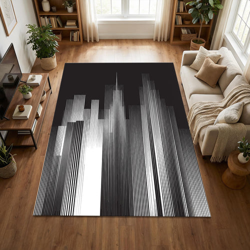 Modern City Skyline Area Rug Minimalist Black and White Line Art