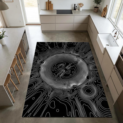 Modern Topographic Line Art Rug Black and White Abstract Area Mat