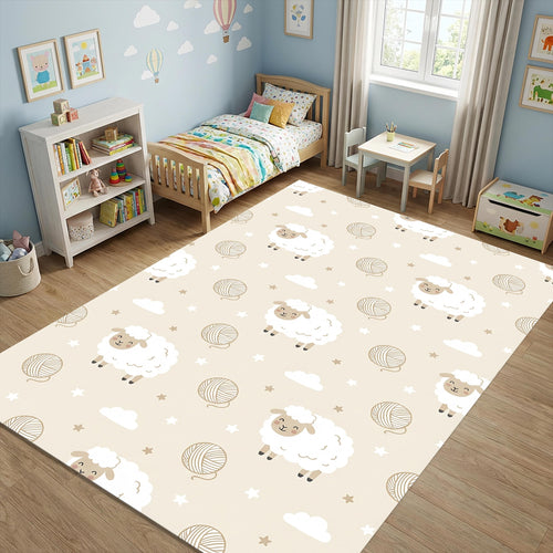 Cute Sheep Nursery Area Rug Fluffy White Lamb Floor Mat Beige