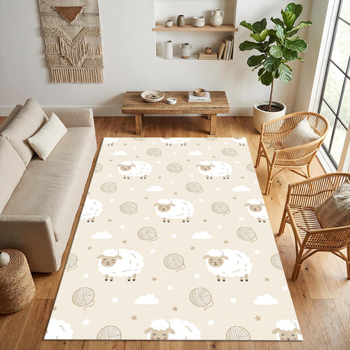 Cute Sheep Nursery Area Rug Fluffy White Lamb Floor Mat Beige