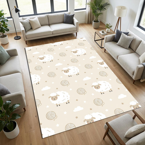 Cute Sheep Nursery Area Rug Fluffy White Lamb Floor Mat Beige