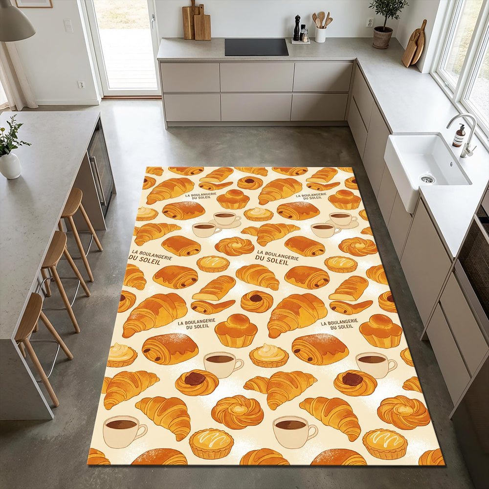French Bakery Kitchen Rug Watercolor Croissant and Coffee Area