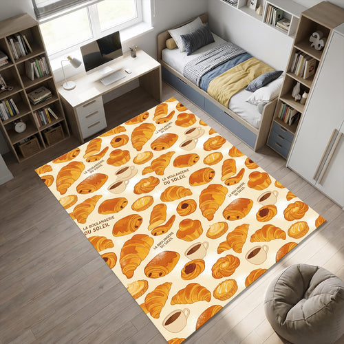 French Bakery Kitchen Rug Watercolor Croissant and Coffee Area