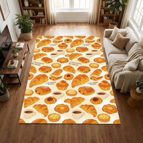 French Bakery Kitchen Rug Watercolor Croissant and Coffee Area