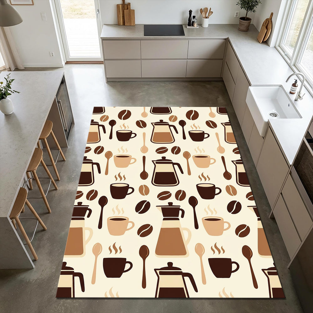 Modern Coffee Lovers Kitchen Rug Moka Pot & Coffee Bean Area Mat