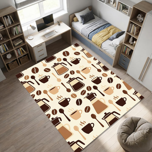 Modern Coffee Lovers Kitchen Rug Moka Pot & Coffee Bean Area Mat