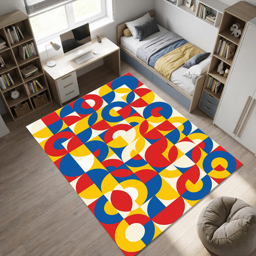 Modern Bauhaus Geometric Rug Abstract Red Yellow Blue Area Mat