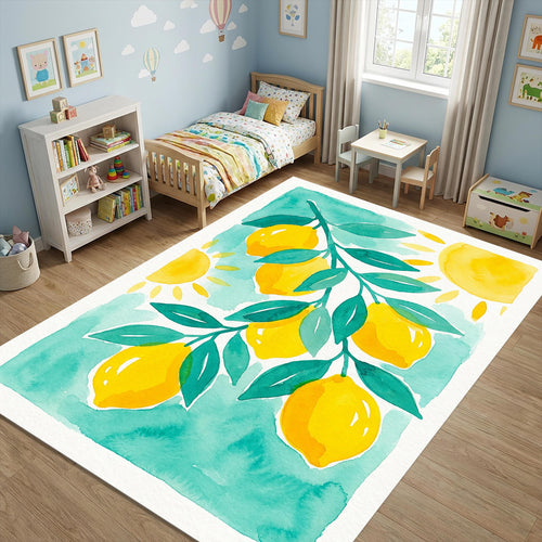 Modern Lemon Watercolor Rug Mediterranean Sun and Citrus Area Mat