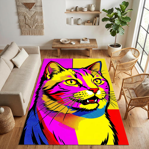 Vibrant Pop Art Cat Rug Colorful Feline Portrait Area Mat Modern