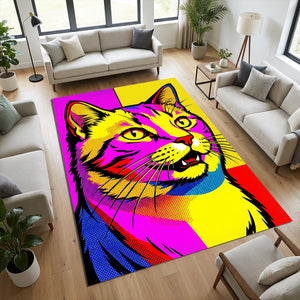 Vibrant Pop Art Cat Rug Colorful Feline Portrait Area Mat Modern