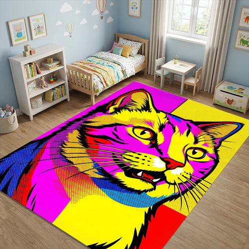 Vibrant Pop Art Cat Rug Colorful Feline Portrait Area Mat Modern