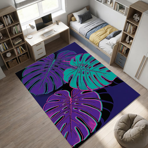 Modern Neon Monstera Rug Vibrant Tropical Pop Art Area Mat Purple