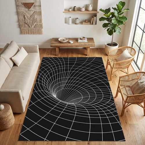 Modern Spacetime Grid Area Rug Abstract Black Hole Line Art Mat