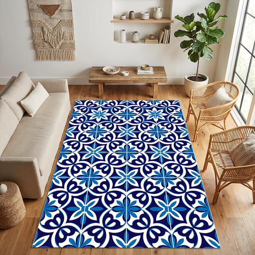 Modern Mediterranean Tile Rug Blue and White Azulejo Area Mat