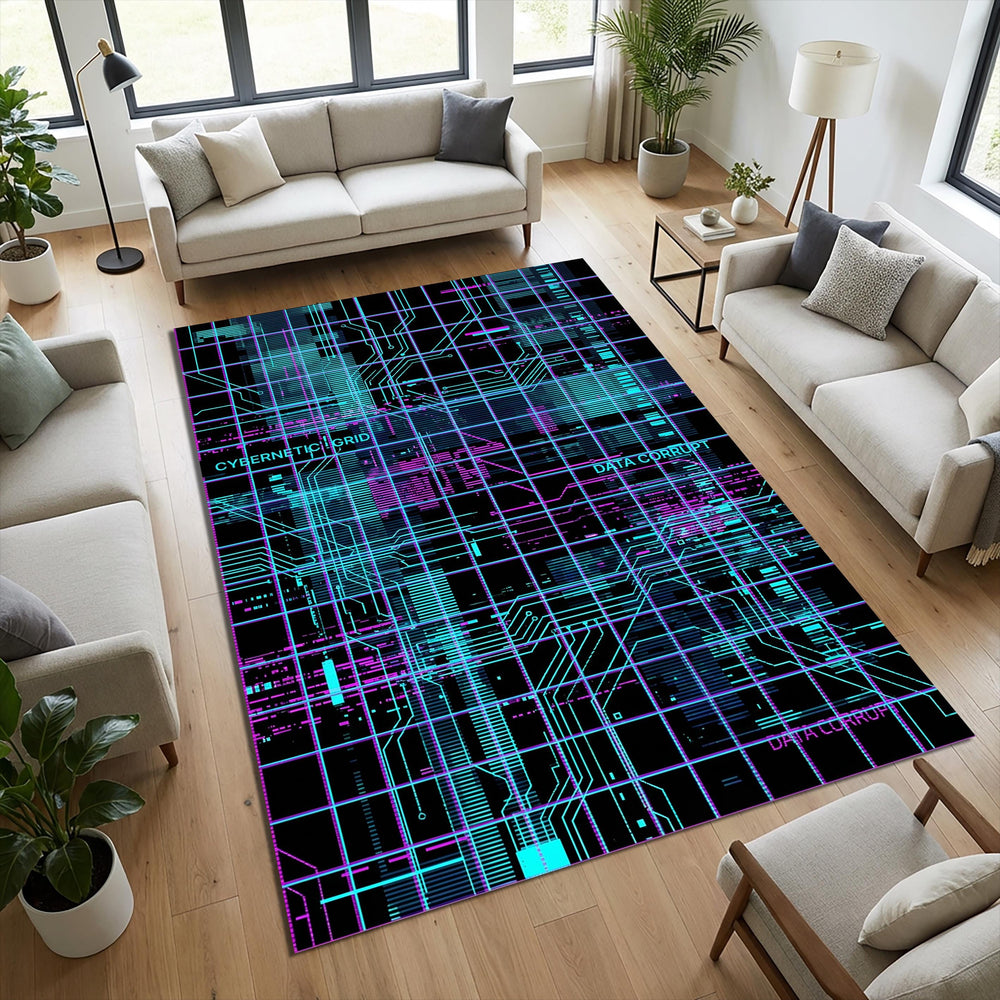 Cyberpunk Gaming Rug Neon Circuit Board Area Mat Futuristic