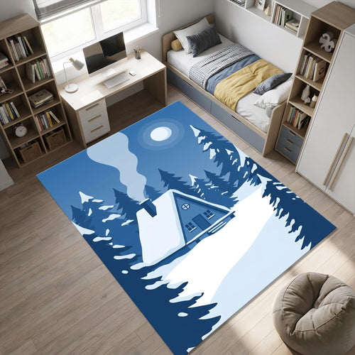 Minimalist Winter Cabin Area Rug Blue Monochrome A-Frame House