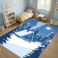 Minimalist Winter Cabin Area Rug Blue Monochrome A-Frame House