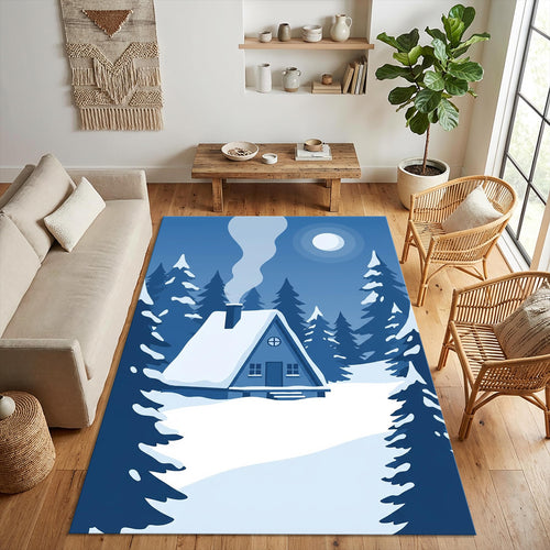 Minimalist Winter Cabin Area Rug Blue Monochrome A-Frame House
