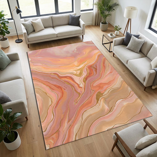 Abstract Fluid Art Area Rug Blush Pink and Gold Marble Floor Mat