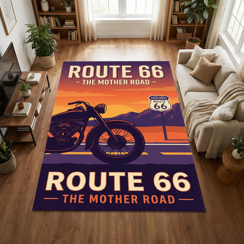 Vintage Route 66 Area Rug Retro Motorcycle Mother Road Floor Mat