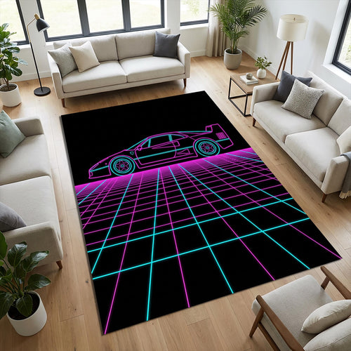 Neon Synthwave Sports Car Area Rug 80s Retro Ferrari F40 Style