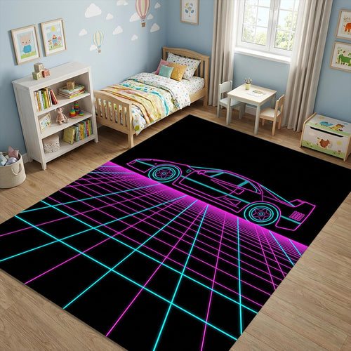 Neon Synthwave Sports Car Area Rug 80s Retro Ferrari F40 Style