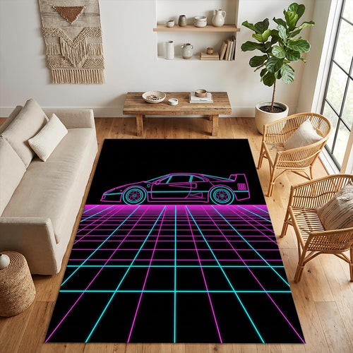 Neon Synthwave Sports Car Area Rug 80s Retro Ferrari F40 Style