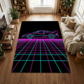 Neon Synthwave Sports Car Area Rug 80s Retro Ferrari F40 Style